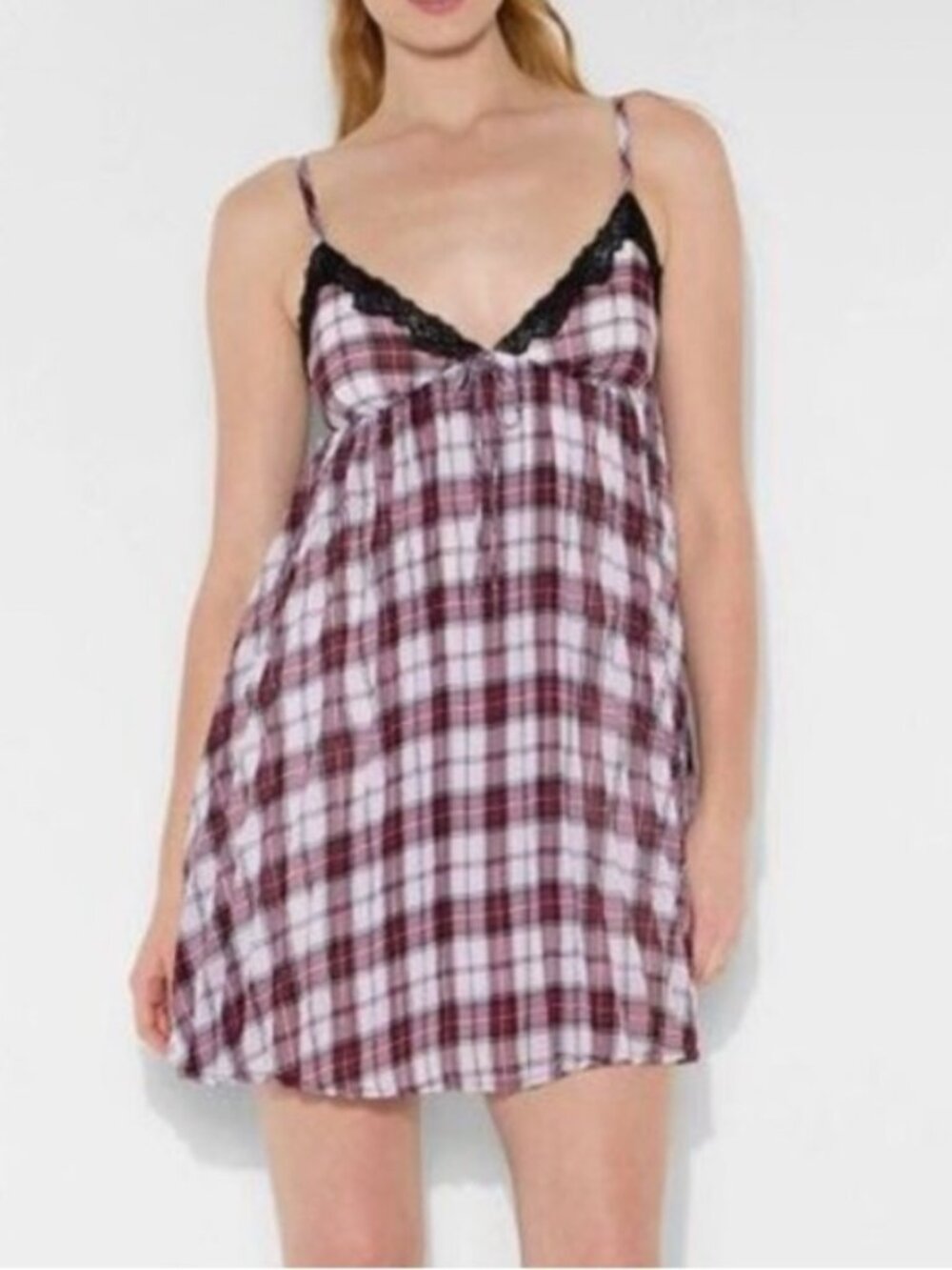 Sexy Wine & White Plaid Slip Babydoll Dress with Black Lace Trim.